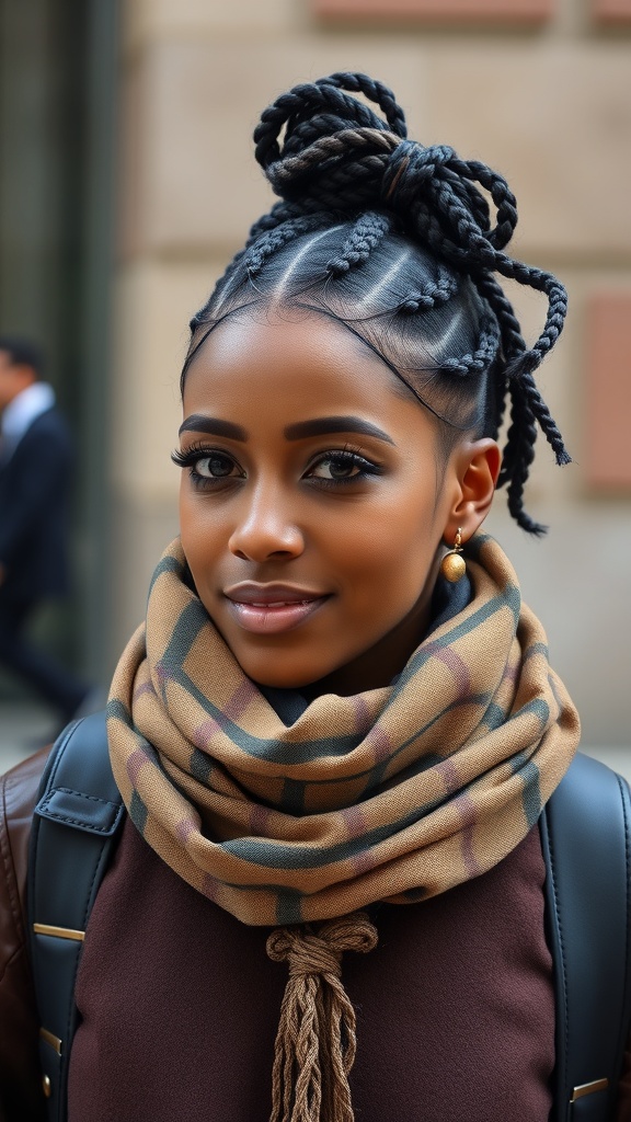 A woman with knotless box braids styled in a bun, wearing a scarf.