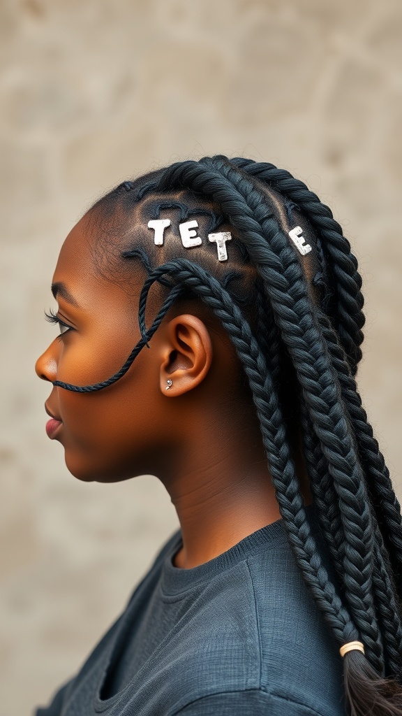 A profile view of a person with knotless box braids and a side braid, featuring beads that spell out a name.