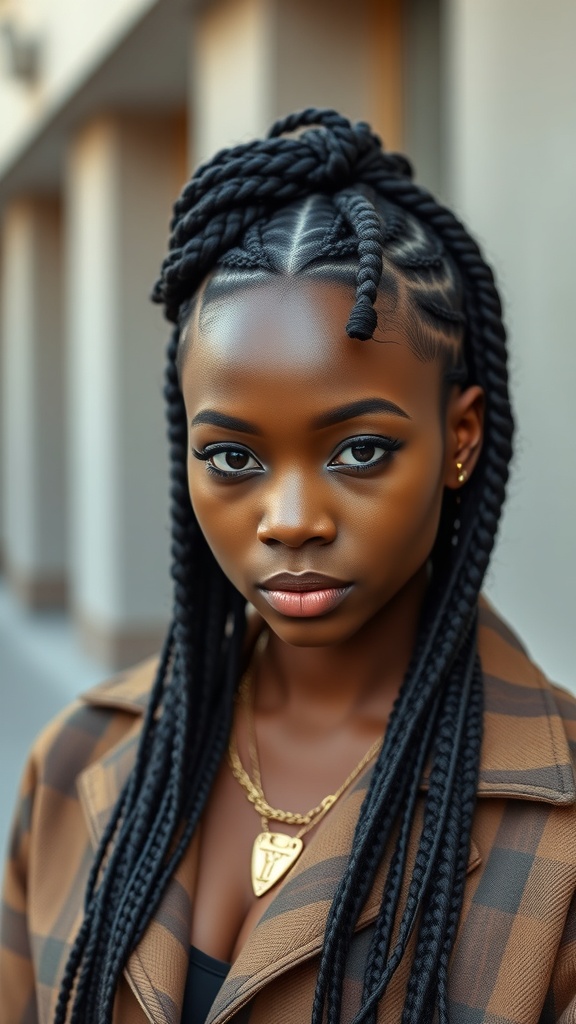 A close-up of a person with knotless box braids styled with a side part, wearing a stylish outfit.