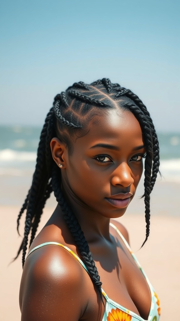 A woman with knotless box braids styled in a side-swept look, standing on the beach.