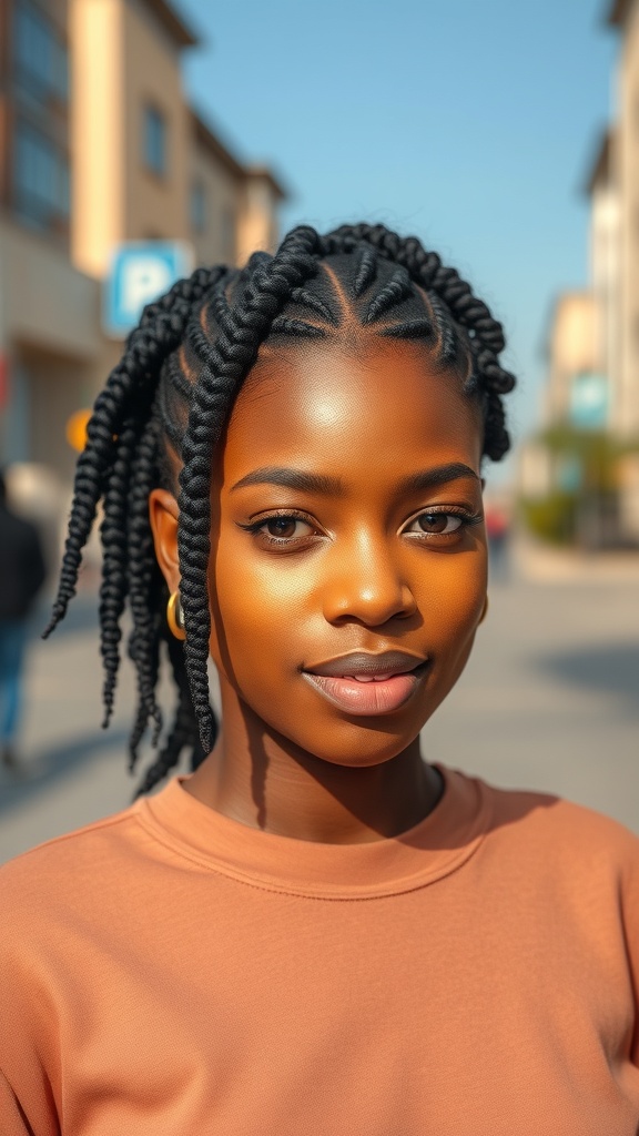 A young woman with knotless box braids, showcasing a sleek finish, standing outdoors.