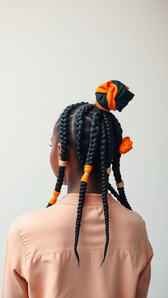 A woman with knotless box braids styled with colorful accessories, showcasing a playful and vibrant look.