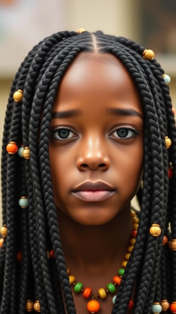 A girl with knotless box braids decorated with colorful beads, showcasing a stylish hairstyle.