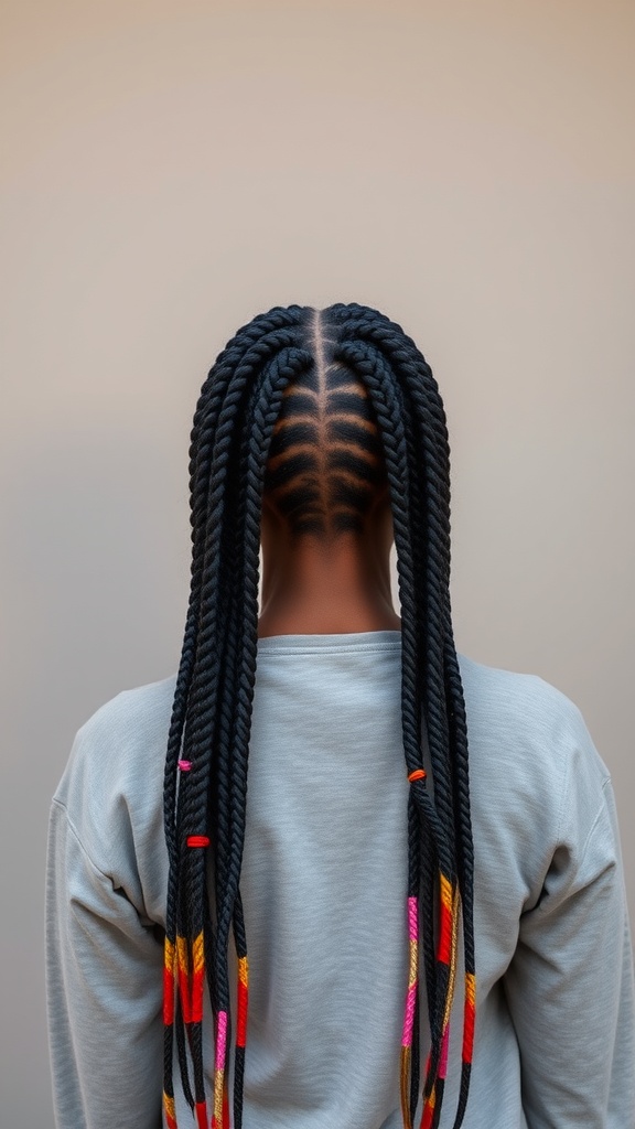 A person with long knotless box braids featuring colorful extensions, showcasing a stylish and vibrant hairstyle.