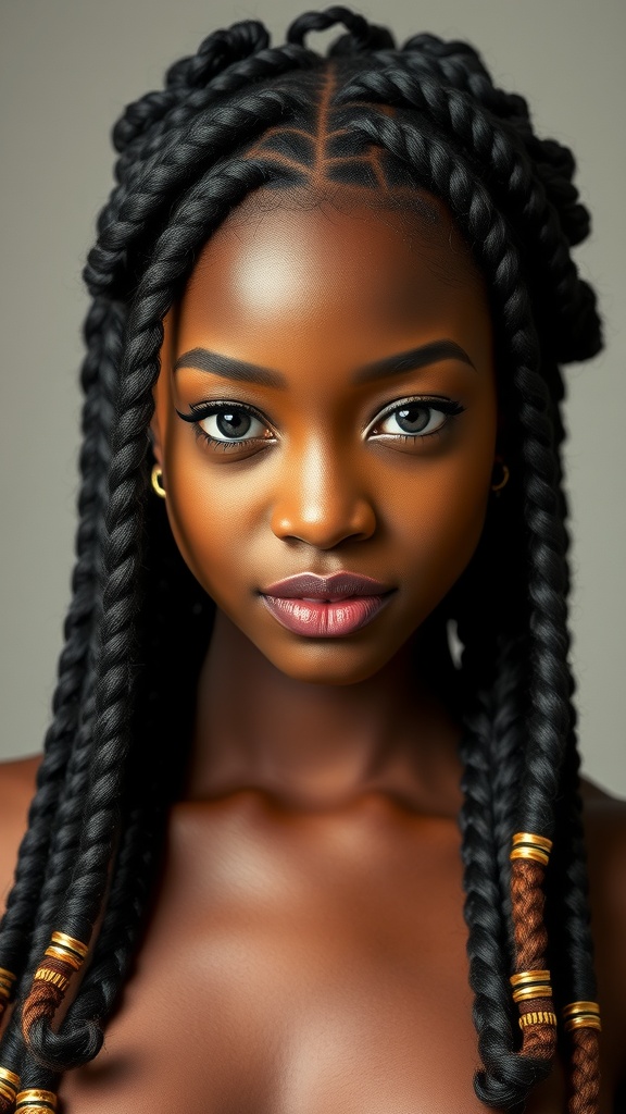 A model showcasing knotless box braids with curly ends, emphasizing a stylish and protective hairstyle.