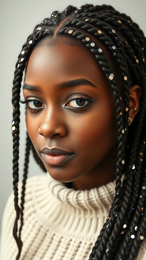 A close-up of a person with knotless box braids adorned with glitter accents, showcasing a stylish and unique hairstyle.