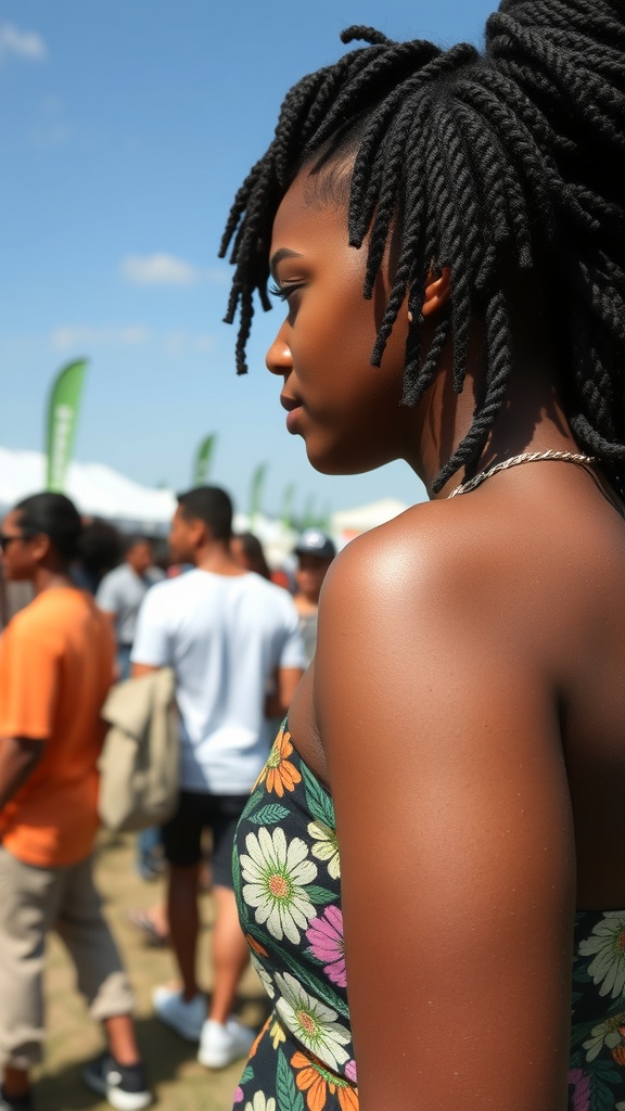 A woman with knotless box braids styled with twists, showcasing a vibrant and trendy hairstyle.