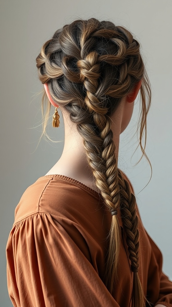 A woman with knotless braids styled in a bohemian vibe, featuring two thick braids and loose strands framing her face.