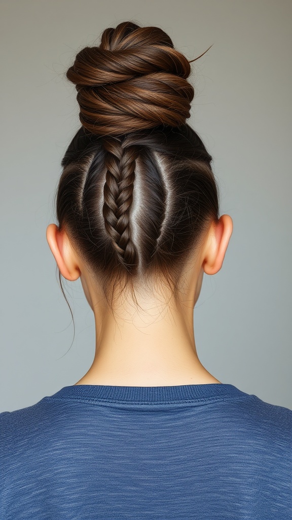 A woman with knotless braids styled into a bun, showcasing a beautiful pattern and contrast in hair color.