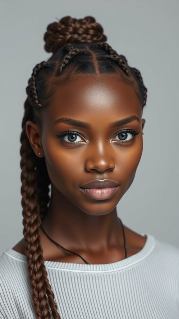 A close-up of a person with knotless braids styled in a center part, showcasing neat and defined braids.