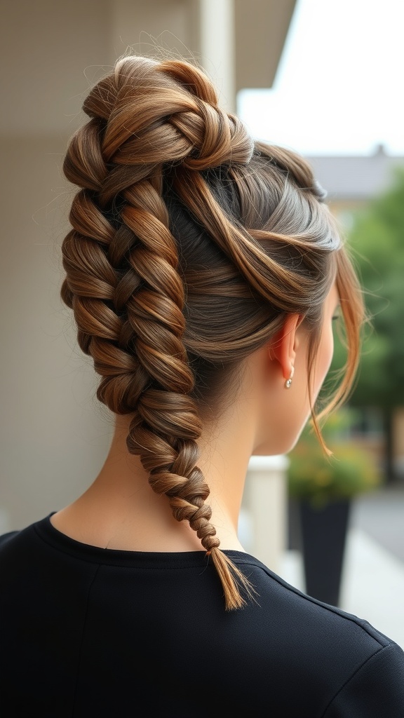 A chic updo hairstyle featuring knotless braids, showcasing an elegant and polished look.