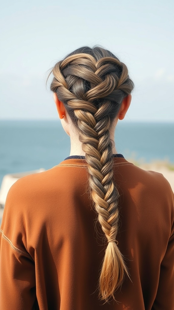 A close-up of a person's back view showcasing a knotless braid styled into a fishtail braid, featuring a blend of dark and light hair colors.
