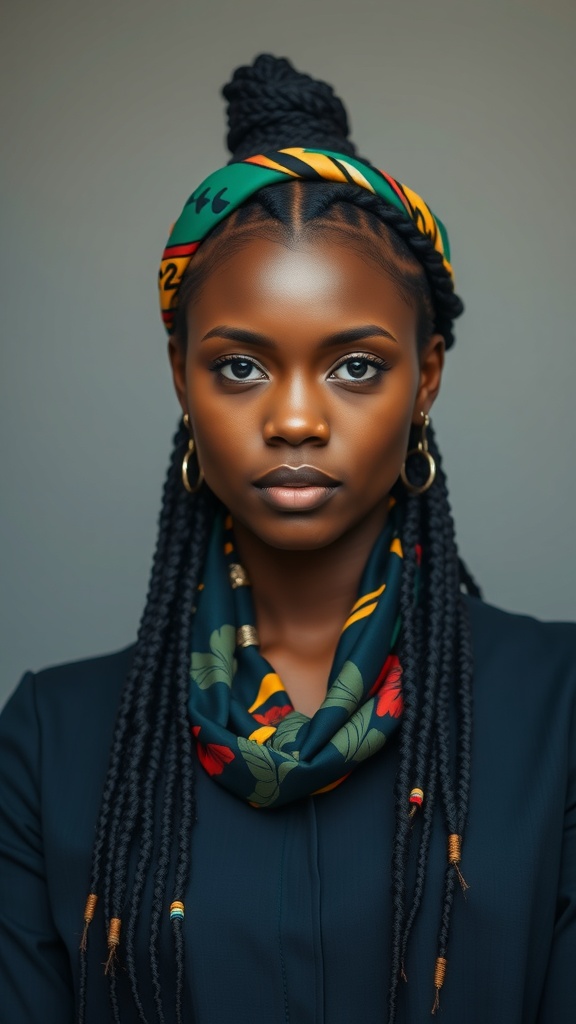 A woman with knotless braids adorned with a colorful hair scarf.