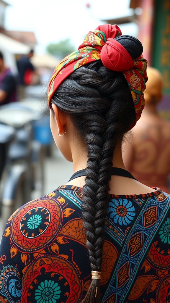A woman with knotless braids styled with a colorful hair wrap.