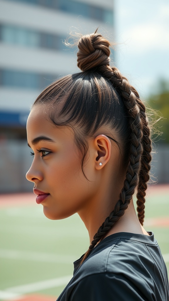 A woman with knotless braids styled in a high ponytail, showcasing a sleek and polished look.
