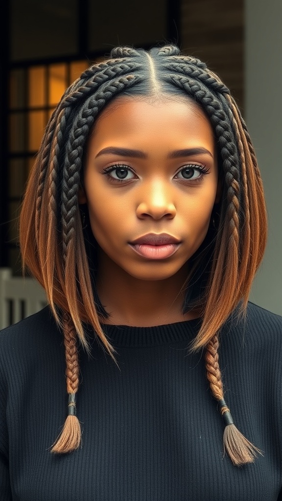 A close-up view of a layered bob hairstyle featuring knotless braids.