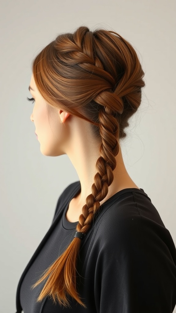A woman with knotless braids styled into a low ponytail, showcasing a neat and elegant look.