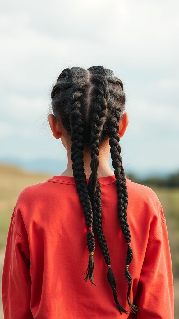 A child with knotless braids styled in a playful design, featuring two braids and a bun on top.