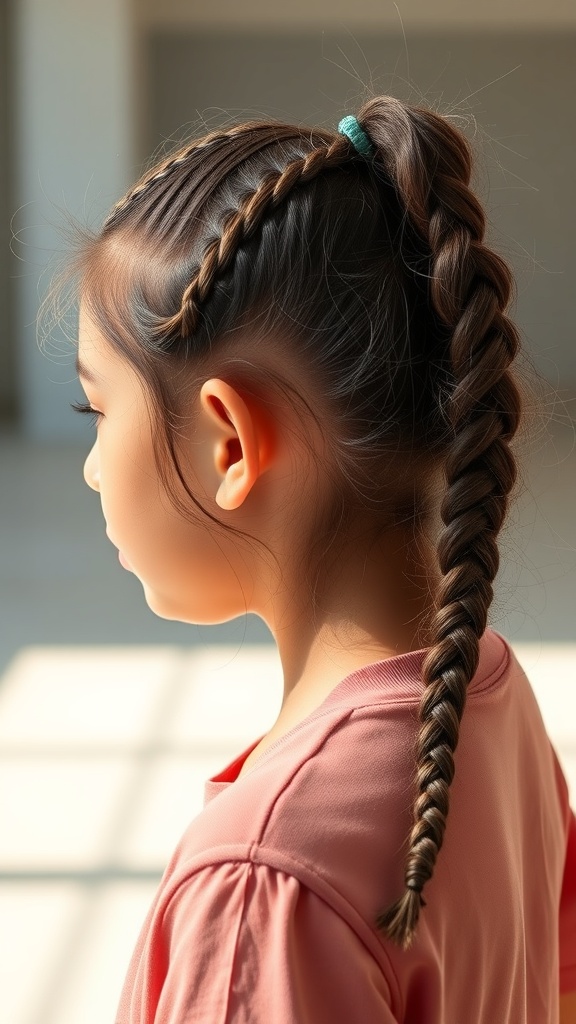 A girl with knotless braids styled into a side ponytail, showcasing a playful and chic hairstyle.