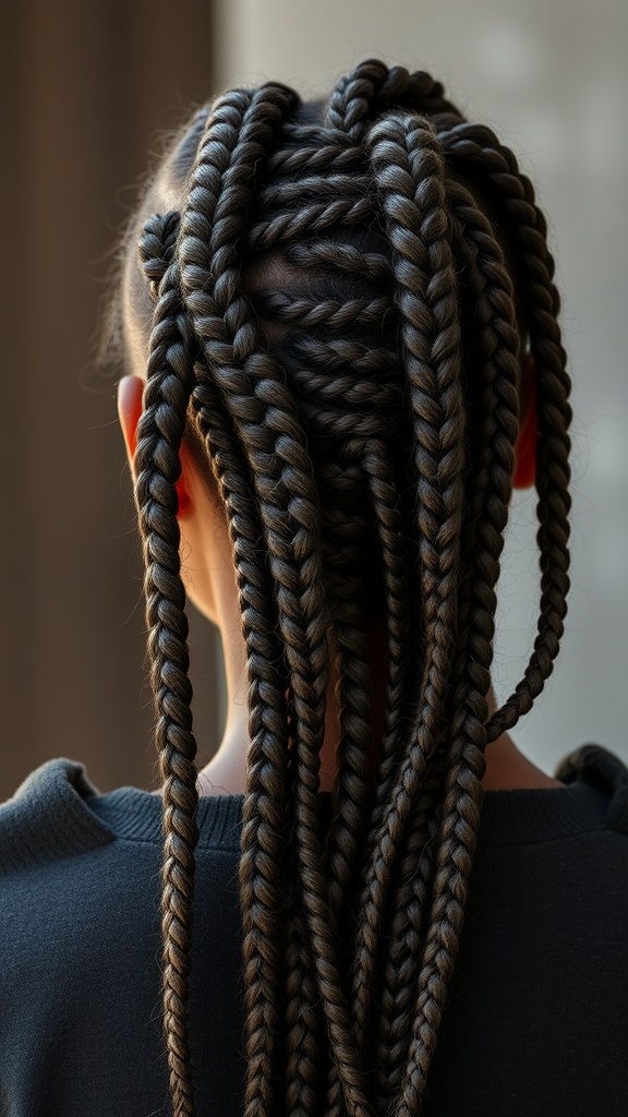Close-up of knotless braids with a textured finish, showcasing neat sections and a polished appearance.