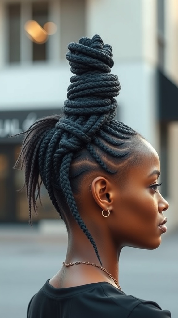 A woman with knotless braids styled into a top knot, showcasing a chic and practical hairstyle.