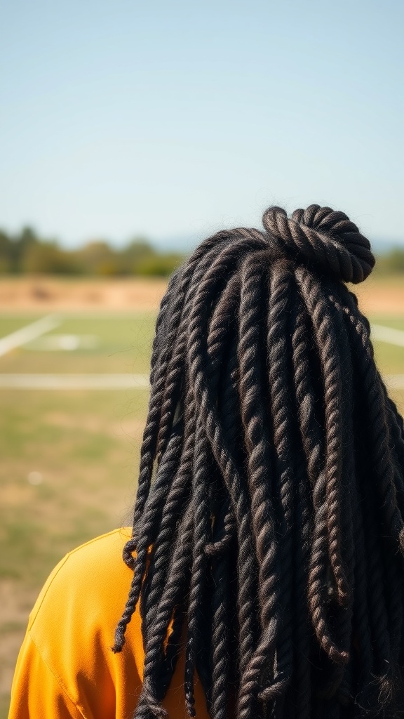 A close-up view of long knotless braids styled with a twist out, featuring golden accents.