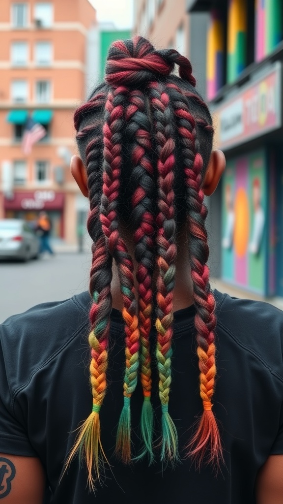 Knotless braids with an ombre effect transitioning from black to orange and burgundy.