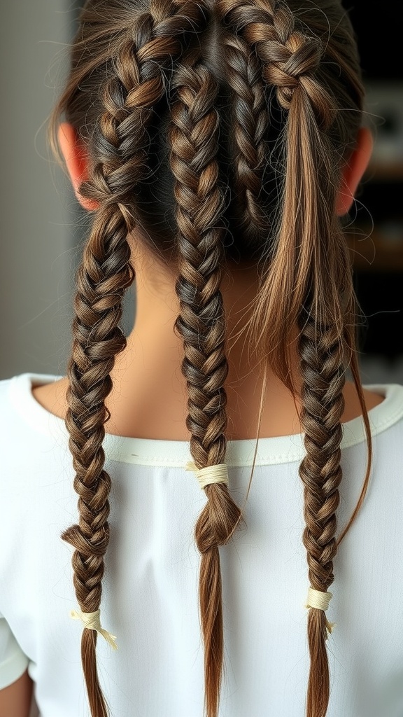 A close-up view of knotless braids with highlights, showcasing a blend of dark and light hair colors.