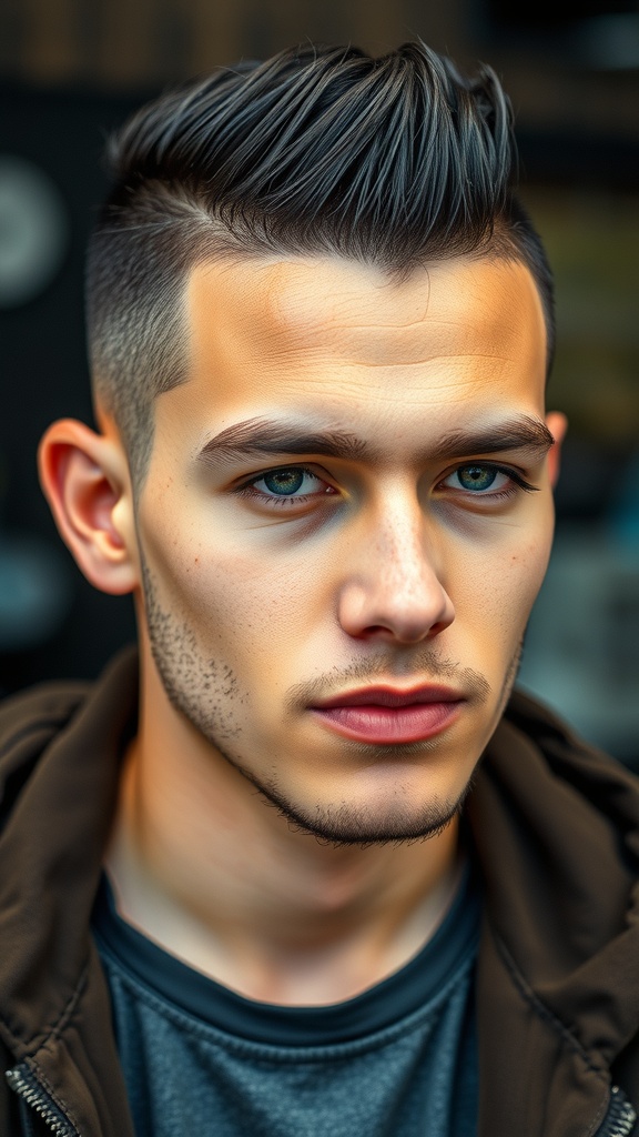 A young man with a layered fade haircut, featuring short sides and longer hair on top styled upwards.
