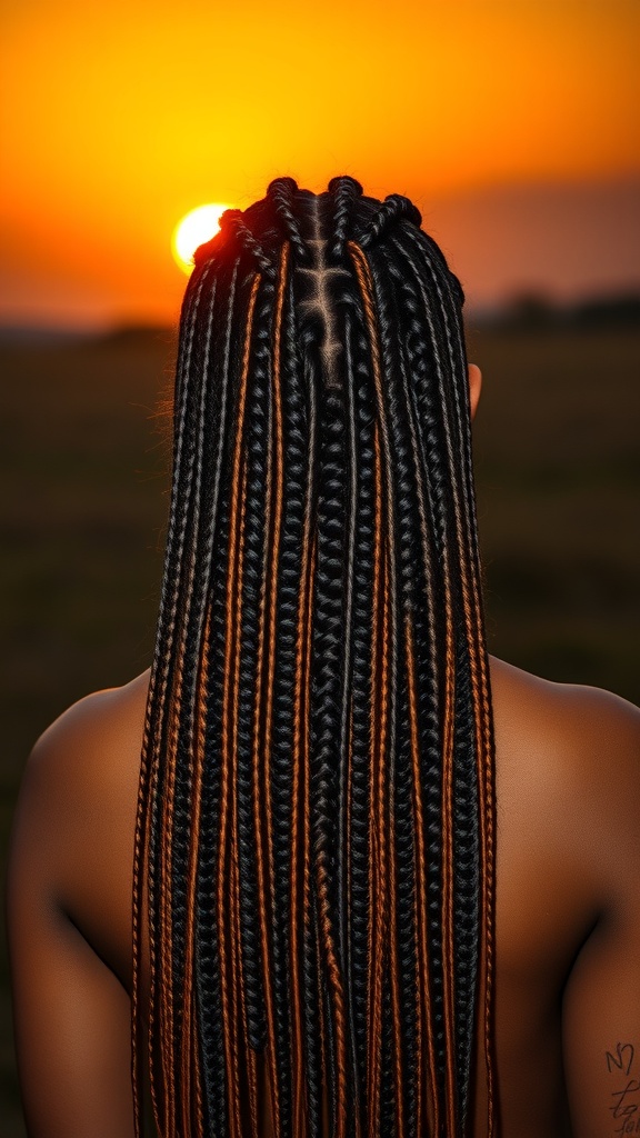A person with long knotless box braids styled with black and orange highlights, standing against a sunset.