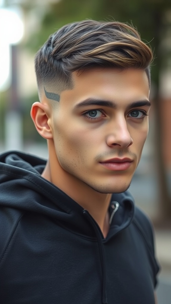 A young man with a low fade haircut and textured top, wearing a black hoodie.