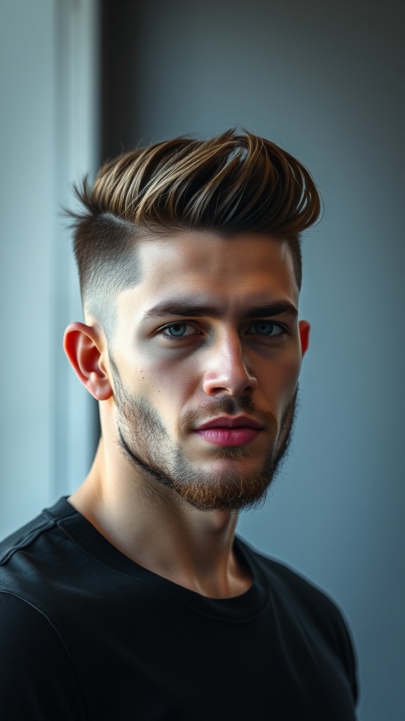 A young man with a medium fade haircut and a quiff, showcasing a stylish and modern look.