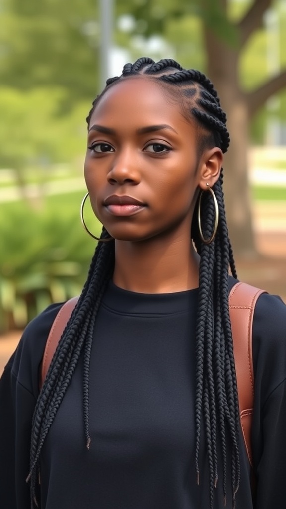 A young woman with medium length knotless box braids, wearing a black sweatshirt and a brown backpack, standing outdoors.