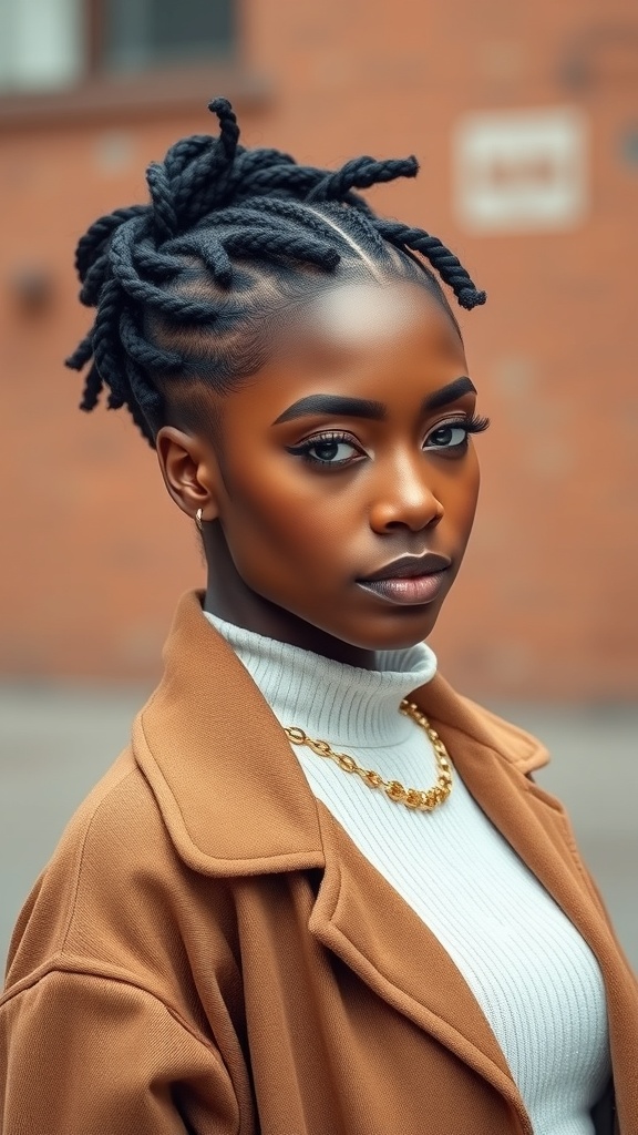 A woman with short knotless box braids, wearing a stylish outfit and a gold chain necklace.