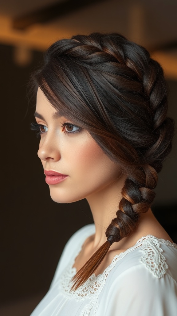 A woman with side-swept knotless braids, showcasing a stylish and elegant hairstyle.