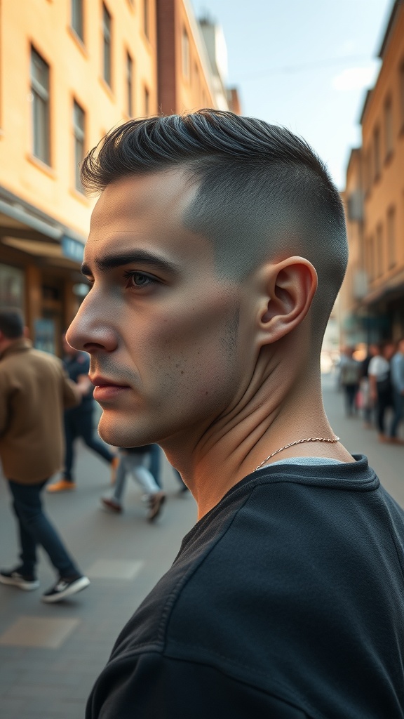 A man with a skin fade and crew cut hairstyle, standing in a busy street.