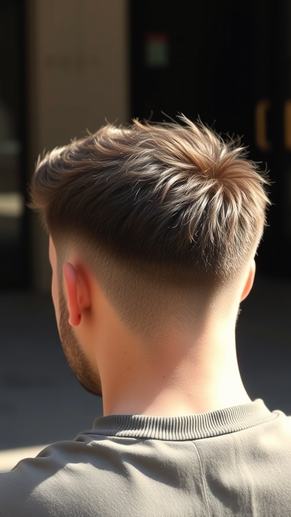 A close-up view of a textured crop haircut with a fade, showcasing the stylish blend of short hair on the sides and textured top.