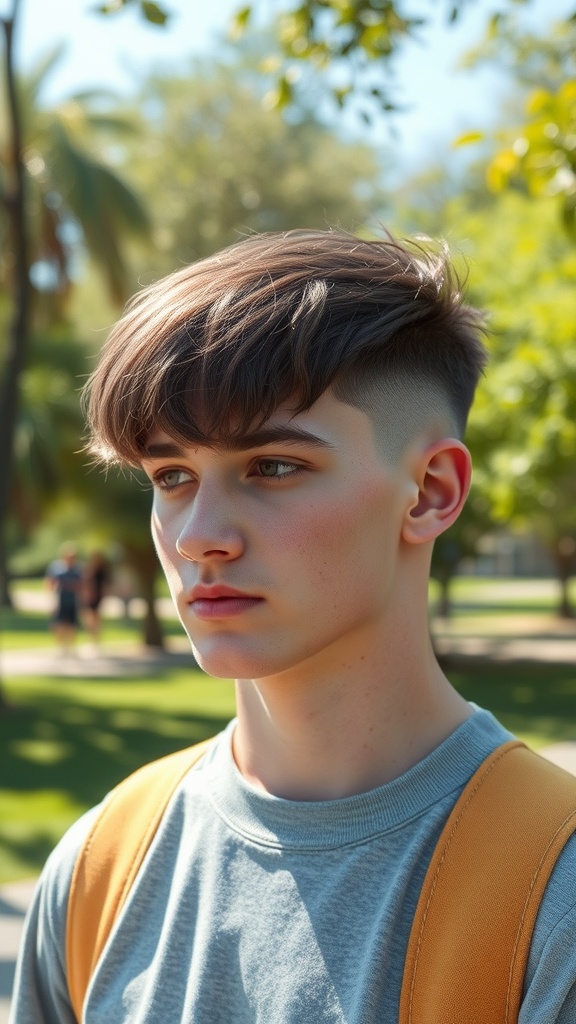 A young man with a textured fade haircut and fringe, standing outdoors in a park.