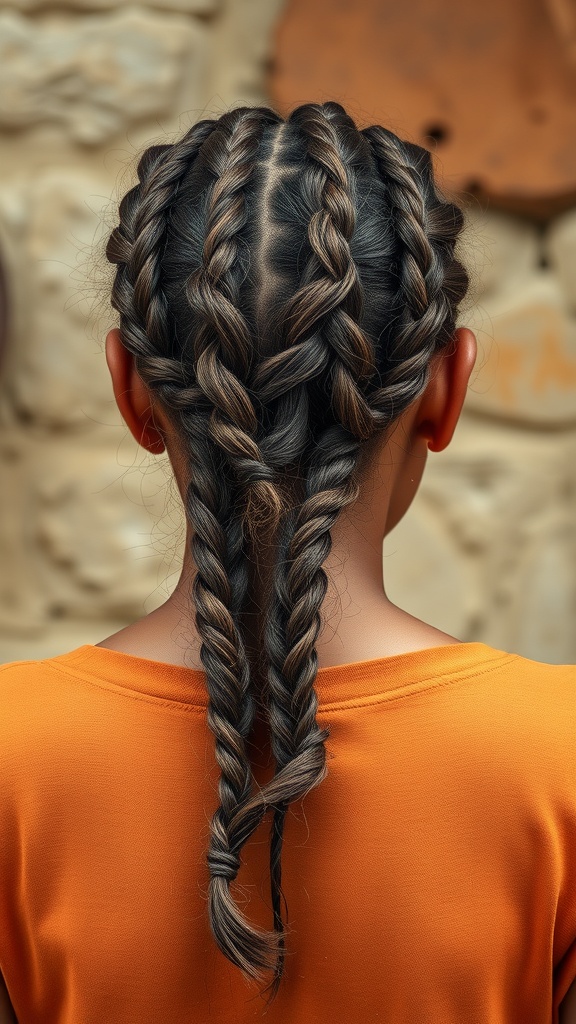 A woman with twisted knotless braids styled in a unique design.