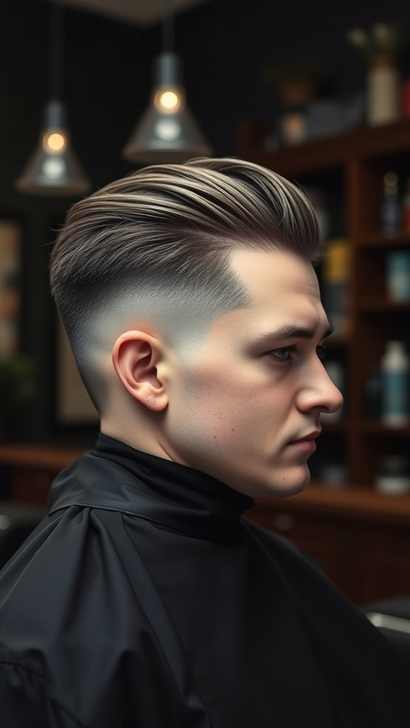 A stylish undercut fade hairstyle with a smooth transition from short sides to longer hair on top.