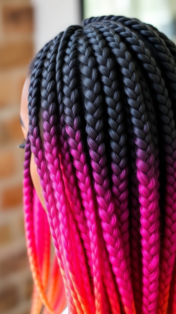 Close-up of vibrant ombre knotless box braids transitioning from black to pink.