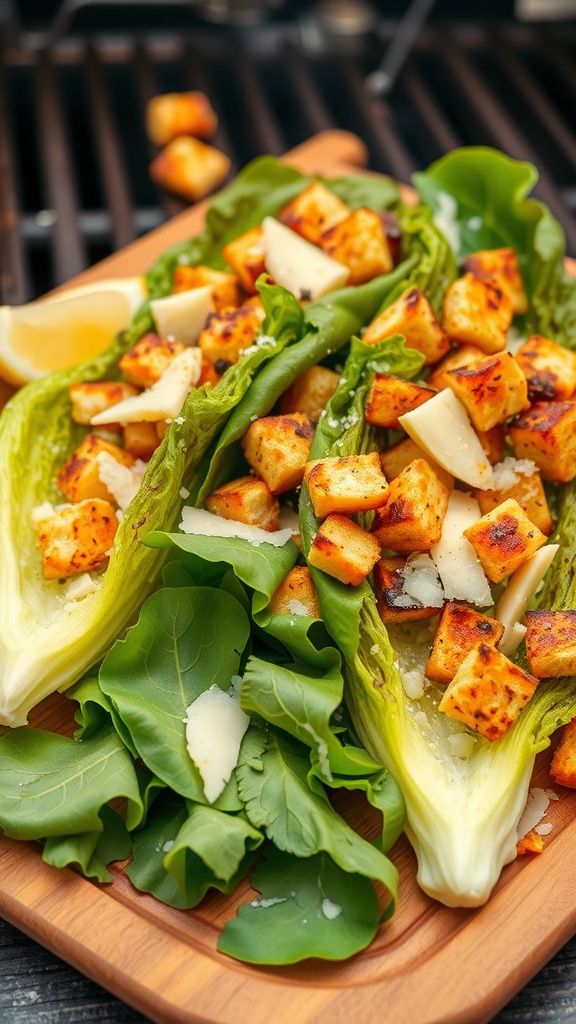Grilled Caesar Salad with romaine lettuce, croutons, and cheese on a wooden platter