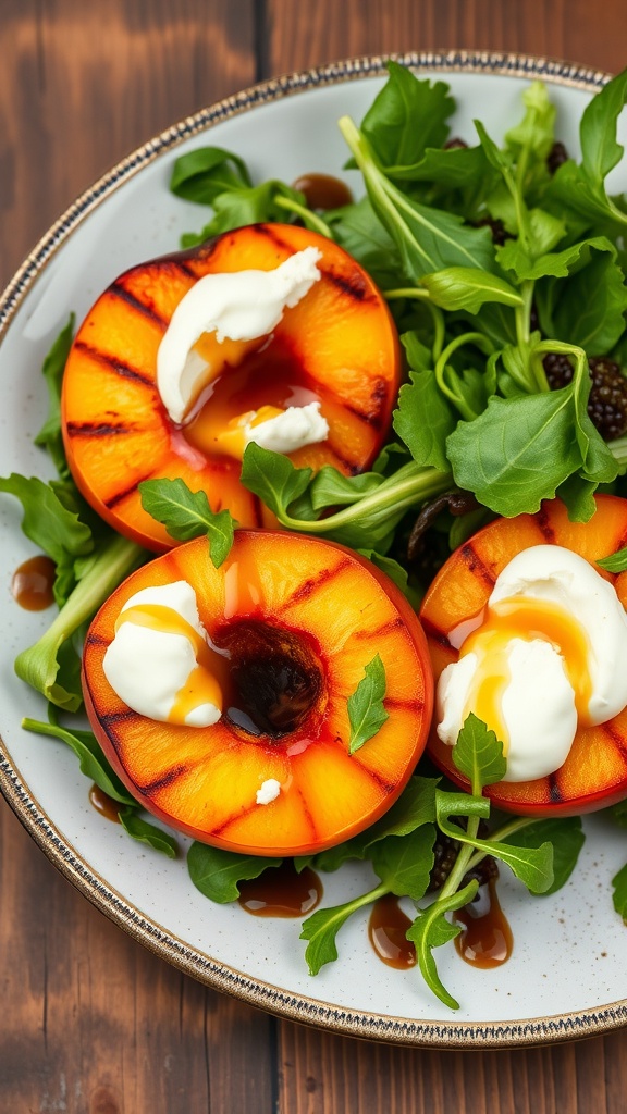 A plate of grilled peach halves topped with burrata cheese on a bed of greens.