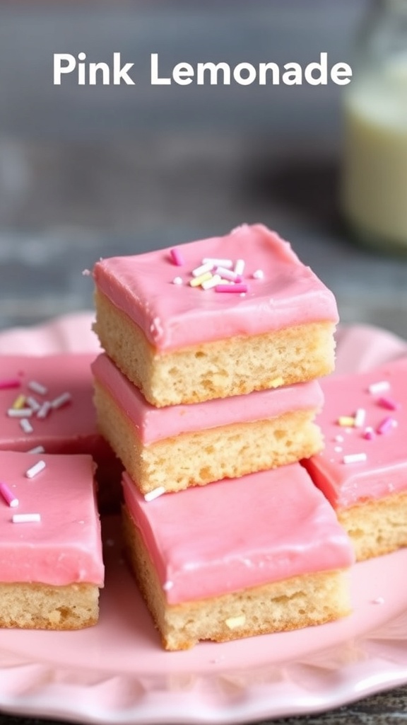 Pink Lemonade Sugar Cookie Bars stacked on a pink plate