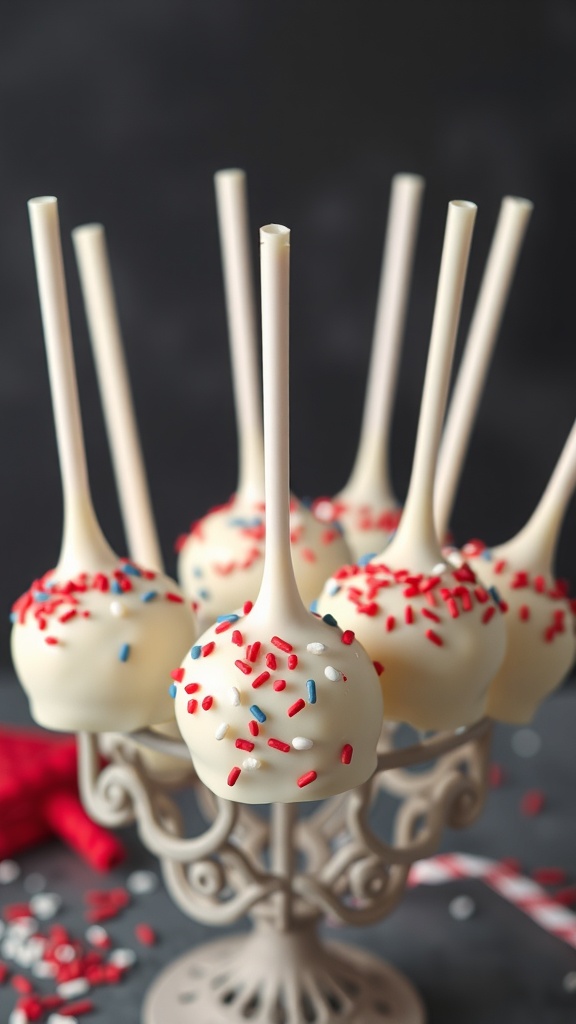 A display of red velvet cake pops decorated with red, white, and blue sprinkles