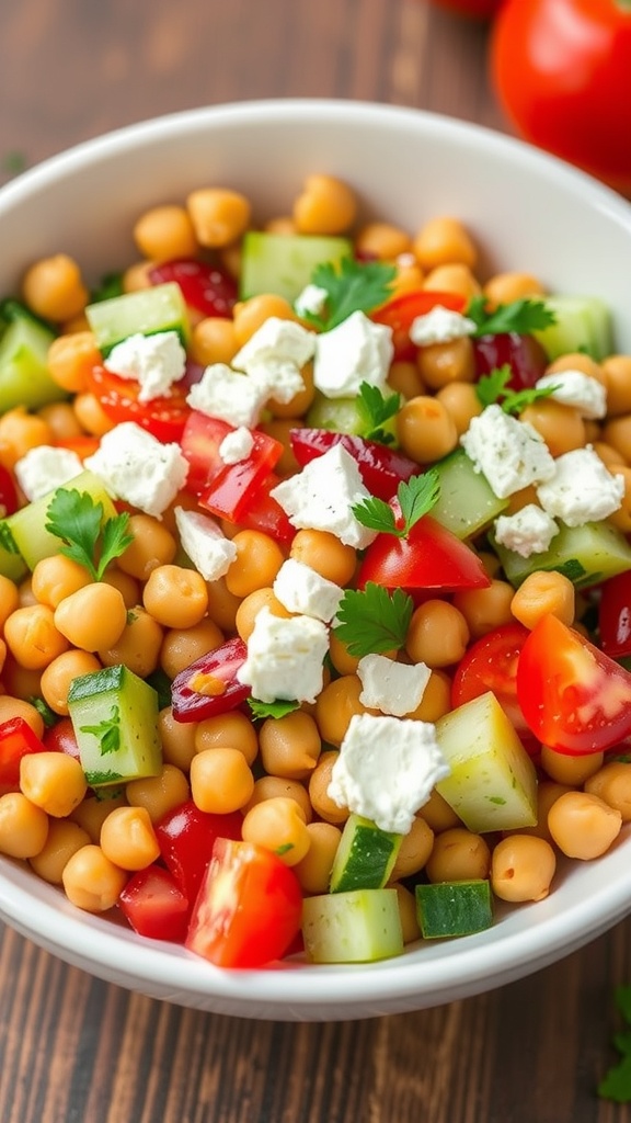 A bowl of Mediterranean Chickpea Salad with chickpeas, tomatoes, cucumbers, and feta cheese.