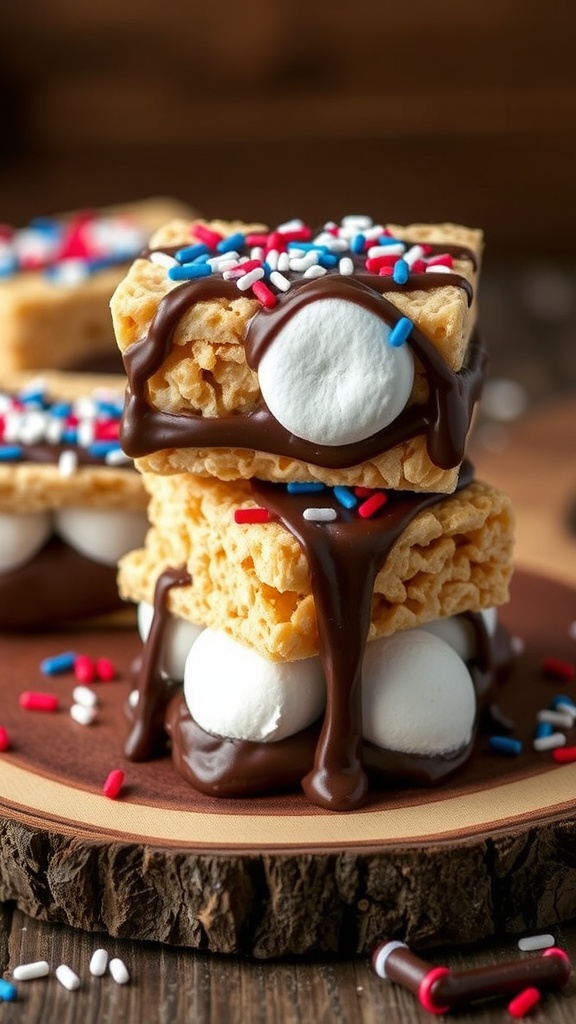Patriotic Rice Krispies Treat S'Mores with red, white, and blue sprinkles