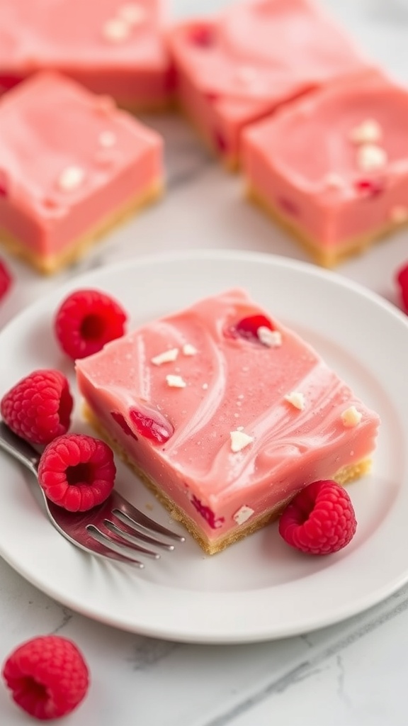 A plate of raspberry lemonade bars garnished with fresh raspberries.