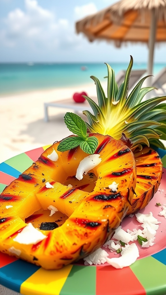 Grilled pineapple slices on a colorful plate with mint leaves and coconut flakes, set against a beach background
