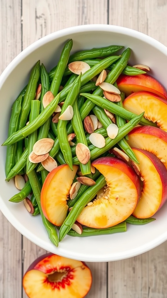 A bowl of green bean, almond, and peach salad with sliced peaches and almonds on top.